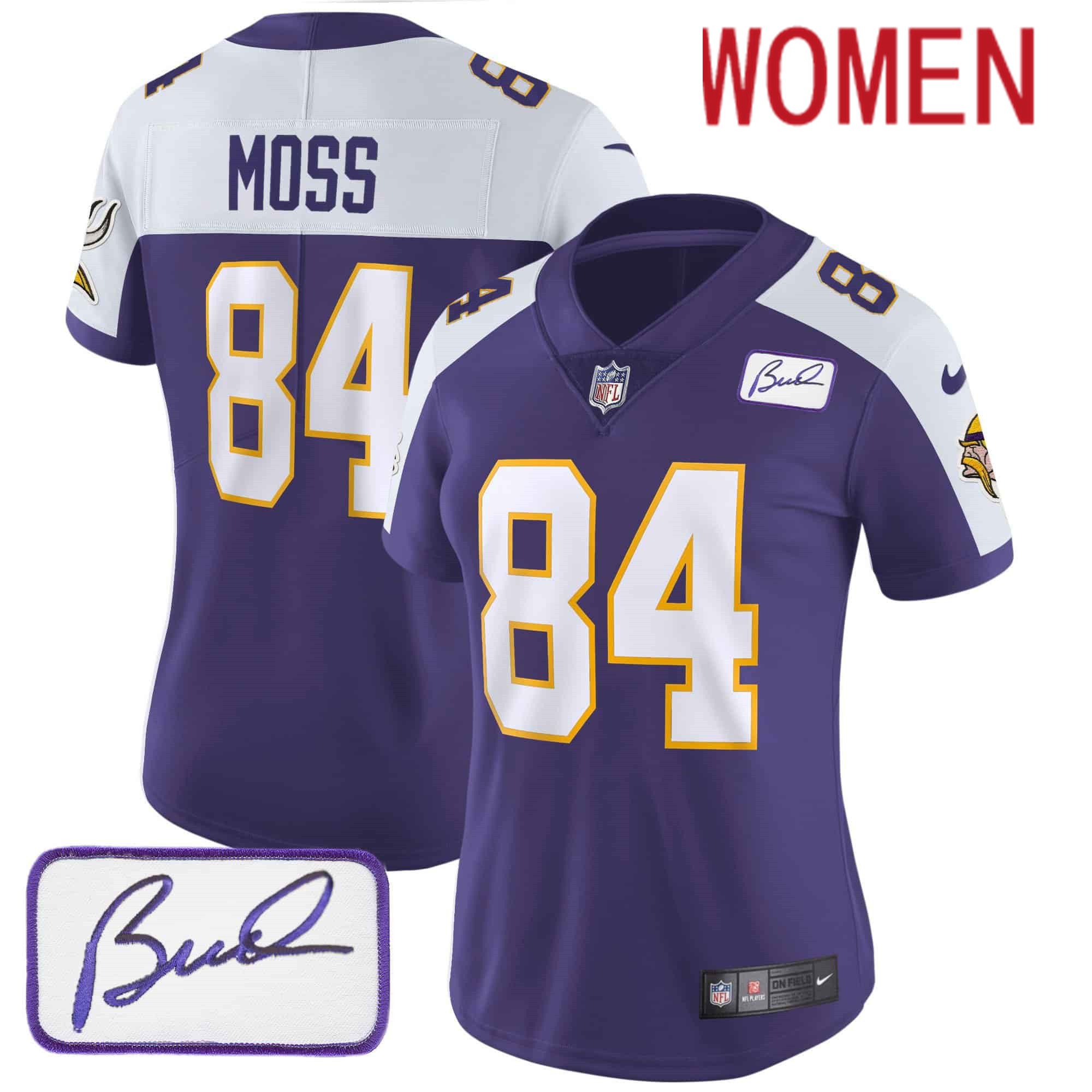 Women Minnesota Vikings 84 Moss Purple 2024 Nike Bud Grant Patch Classic Limited NFL Jersey style 2